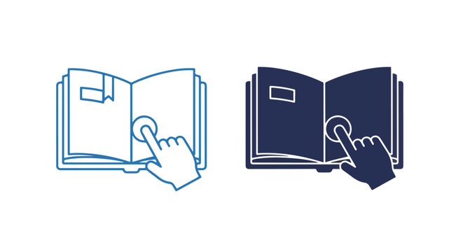Hand touching open book for reading guide: Solid vector icons - Clipart, sticker - icon set - Editable modern style icon