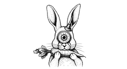 Obraz premium Whimsical Rabbit with Cyclops Eye and Carrot Illustration.