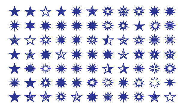 Collection of Blue Stars: A seamless pattern of various blue stars, from simple five-pointed shapes to complex jagged designs, creating a vibrant and energetic graphic background.