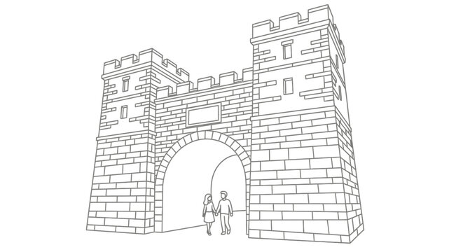 Medieval stone castle gateway with two travelers illustration.