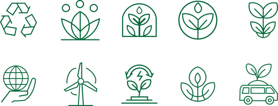 Eco-Friendly and Sustainable Energy Line Icon Set - Environmental Conservation and Green Tech
