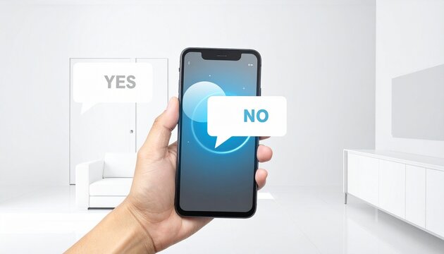 Hand holding smartphone with YES NO speech bubble, bright modern white room, digital choice interface, symbolic voting, decision-making simplicity, mobile technology, interactive communication concept
