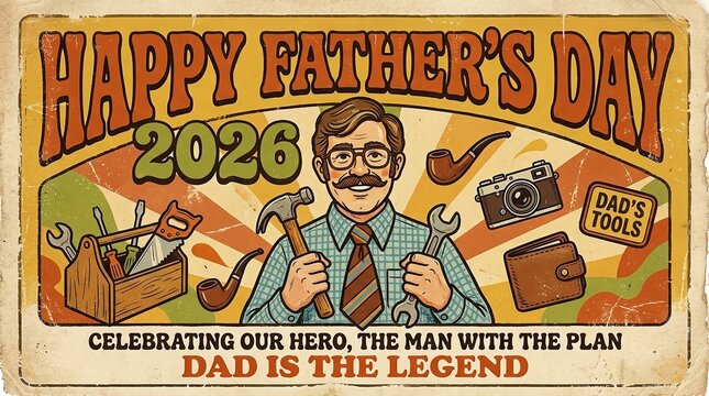 Vintage style illustration featuring a smiling father figure surrounded by classic tools pipes and personal items celebrating the annual holiday dedicated to honoring dads everywhere presented as a gr
