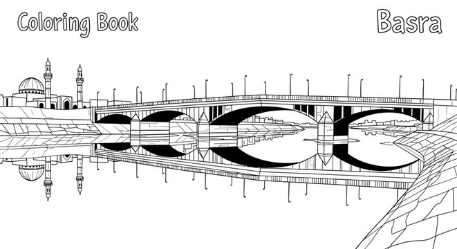 Detailed Line Art Drawing of Basra Bridge and Skyline.
