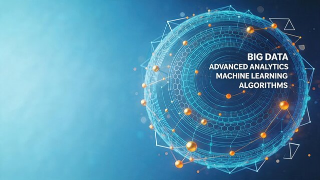 Futuristic big data sphere with digital network nodes, advanced analytics and machine learning algorithms visualization for technology business concept background