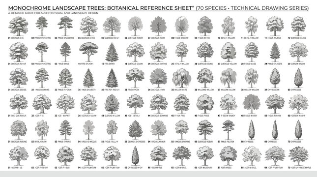 Monochrome landscape trees botanical reference sheet with 70 different species for architectural design