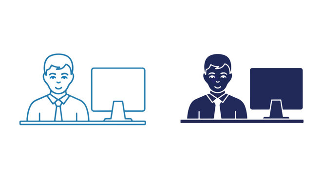 Businessman at computer desk icon: Solid vector icons - Clipart, sticker - icon set - Editable modern style icon