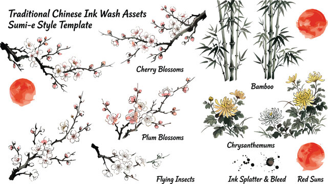 Traditional Chinese ink wash assets sumi-e style template with cherry blossoms bamboo chrysanthemums red suns.