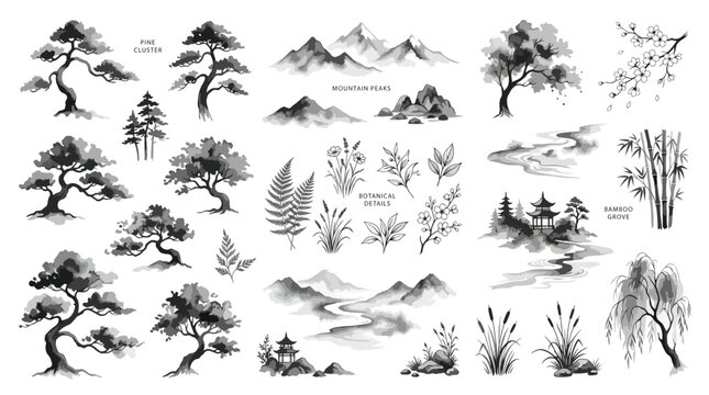Set of traditional oriental ink wash painting elements including pine trees, mountains, bamboo and flowers