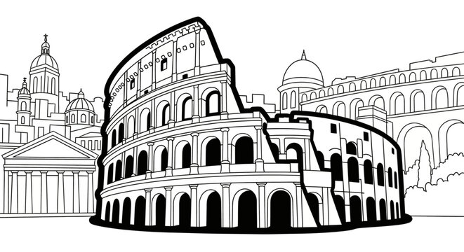 Detailed Black and White Illustration of Roman Colosseum.