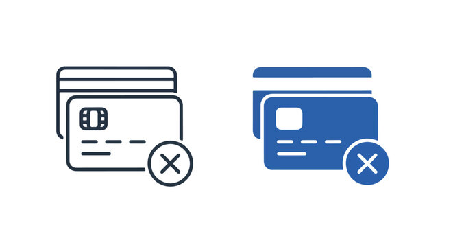 Credit card decline icon set in blue: Glyph and solid icon set - Icon vector - logo icons. Blue, Black and white icons