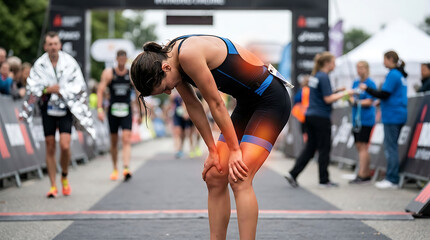 Fototapeta premium Athlete Joint Pain & Exhaustion After Race. Sports Injury Recovery, Endurance Challenge, Physical Therapy Concept