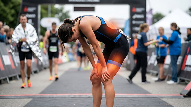 Athlete Joint Pain & Exhaustion After Race. Sports Injury Recovery, Endurance Challenge, Physical Therapy Concept