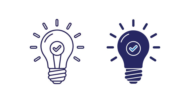 Light bulb icon with checkmark symbol: Clipart, sticker - icon set - Line and glyph solid icon and logo template 