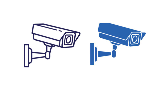 Security camera surveillance system icons: Glyph and solid icon set - Icon vector - logo icons. Blue, Black and white icons