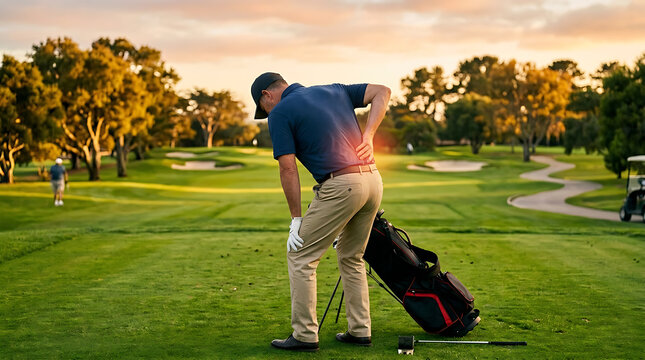 Golfer with back pain on golf course. Sports injury, lower back discomfort, physical therapy, chiropractic, healthcare marketing concept