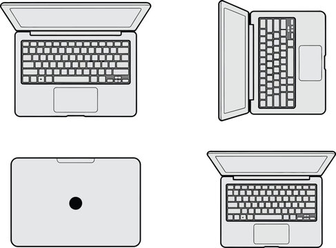 Laptop views line drawing  four angles 2x2 grid front side top open closed technical vector design set
