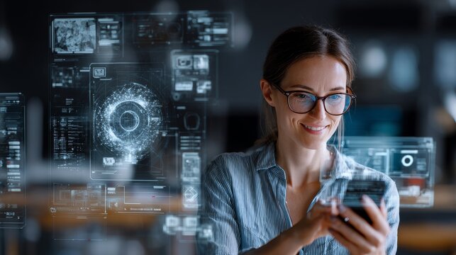 Female CEO engaging with innovative technology in her office, top-left empty for tech details.