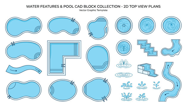 Swimming pool and water feature vector collection, top view plans with transparent background, leisure and recreation.