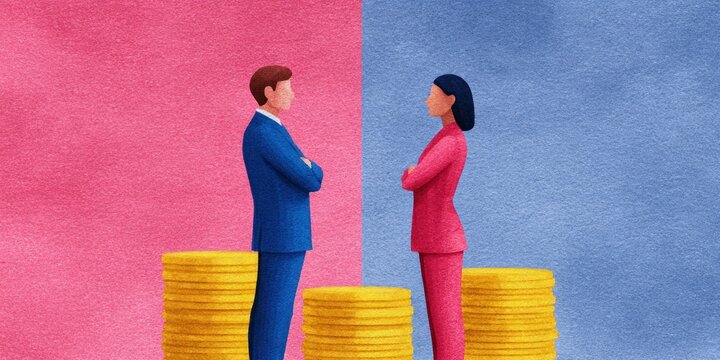 Man and Woman in Suits Standing on Coin Stacks Representing Gender Pay Gap Career Equity and Corporate Salary Comparison Concept