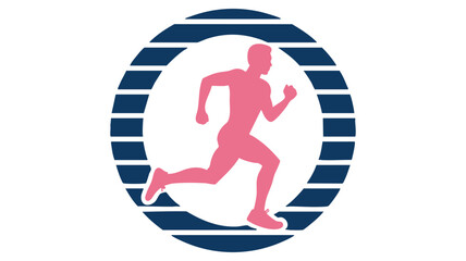 Fototapeta premium Silhouette of a Male Runner, Depicted in Pink, Running Inside a Striped Dark Blue Circle Against a Clean White Background
