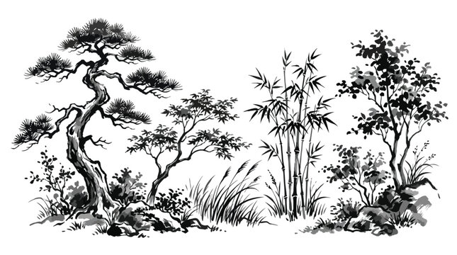 Traditional chinese ink wash painting style landscape with pine tree, bamboo and deciduous trees