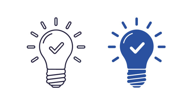 Lightbulb idea symbol with check mark: Glyph and solid icon set - Icon vector - logo icons. Blue, Black and white icons