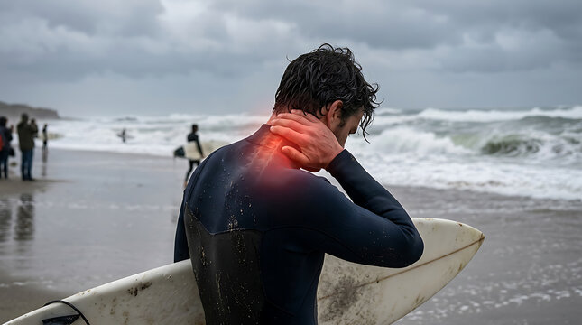 Surfer with Neck and Shoulder Pain. Sports Injury, Joint Discomfort, Physical Therapy, Health Concept.