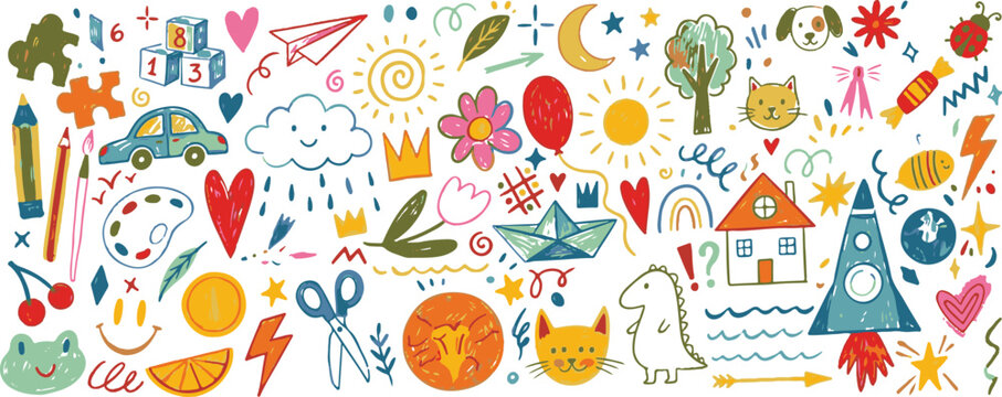 Seamless colorful cartoon vector pattern set with flowers hearts and festive icons for birthday school holiday party celebration decoration design
