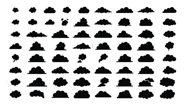 Collection of black silhouette cloud shapes and smoke elements for weather and atmospheric design on transparent background.