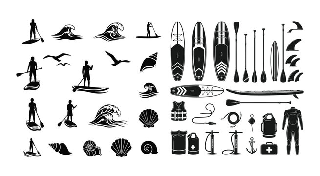 Stand up paddle boarding equipment and surfing icons set