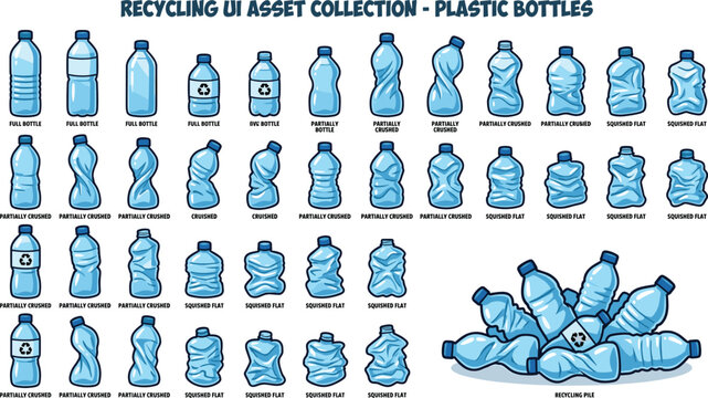 Recycling plastic bottles collection with various states of crushing and squashing, transparent background.