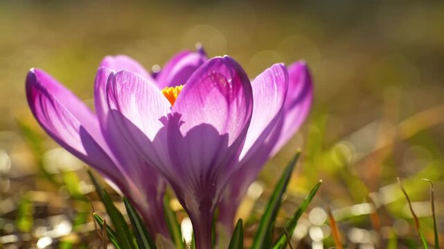 Cinematic spring flower video featuring a vibrant purple crocus flower swaying gracefully in warm morning sunlight detailed macro textures soft translucent petals and realistic floral structure glowin