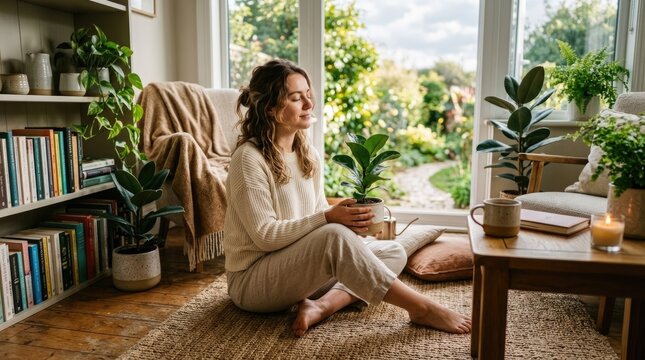 Woman meditating, experiencing serenity, holding green plant, finding tranquility, cozy indoor setting, bright natural light, fostering mental wellness, self-care activity, inner peace.