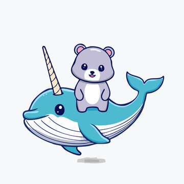 Cute cartoon bear riding a narwhal