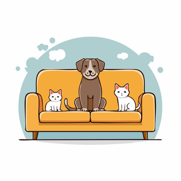 Dog and Cats Sitting on a Sofa