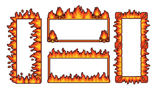 Collection of ornate fire frames with pixel and cartoon styles, borders with flames and campfires, vector art.