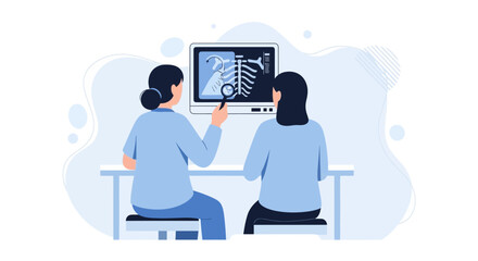Fototapeta premium Doctor examining chest X-ray using magnifying glass. Healthcare.