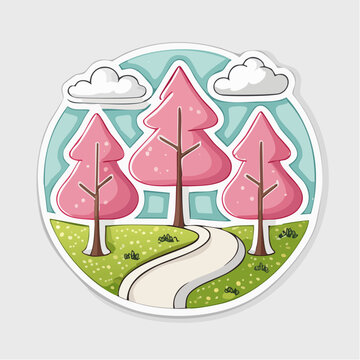 Cartoon Landscape with Pink Trees and Winding Path