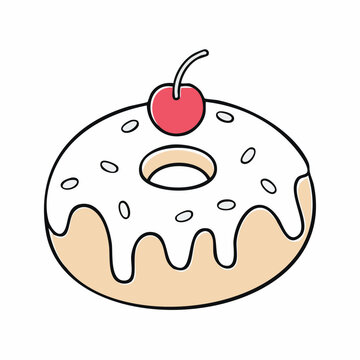 Cartoon Donut with White Icing and Cherry