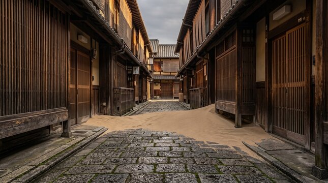 Surrealism. Desert sand filling traditional Kyoto stone alleyway between machiya townhouses, impossible material transformation, concept of place and displacement