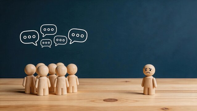 Sad lonely wooden doll standing apart from happy group, concept of social isolation, exclusion, bullying or loneliness in society.