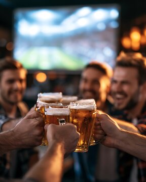 Group of happy male friends clinking beer mugs watching soccer game in pub
