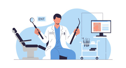 Fototapeta premium ENT doctor with instruments. Otolaryngology concept design.