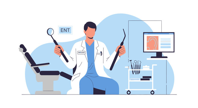 ENT doctor with instruments. Otolaryngology concept design.