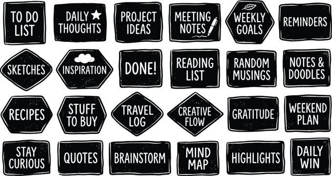 Hand drawn motivational phrases and words for journaling on chalkboards transparent vector set for notes.