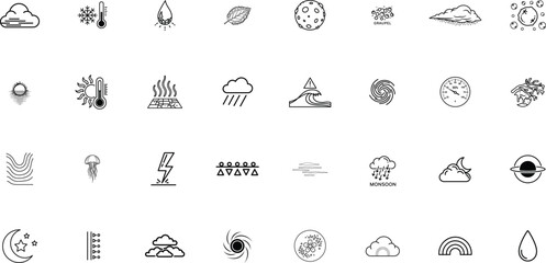 Fototapeta premium Weather thin liner icon set. Containing Weather Forecast Icon, Seven Day Forecast Icon, Temperature Icon, Wind Speed Icon, Road Weather Icon, Sound Wave Icon. Editable stroke vector illustrations.