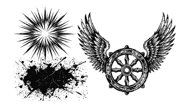 Abstract burst star, ink splatter stain and winged dharma wheel vector set with grunge texture, transparent background elements.