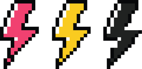Obraz premium Pixel lightning bolt icons set, retro electric energy symbols vector isolated 8bit gaming design collection background illustration