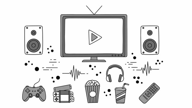 Entertainment setup with TV speakers headphones and gaming accessories.